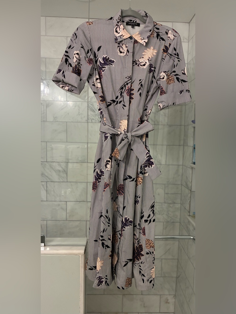 Lafayette 148 New York Striped Floral Midi Dress in Navy and Cream